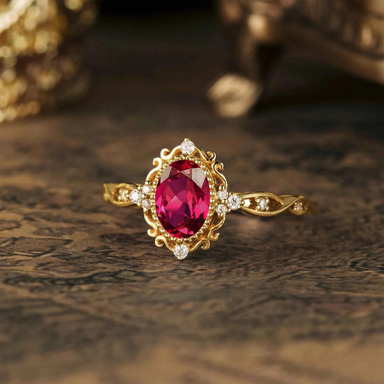 Vintage Oval Lab Ruby Milgrain Engagement ring - GemsMagic
