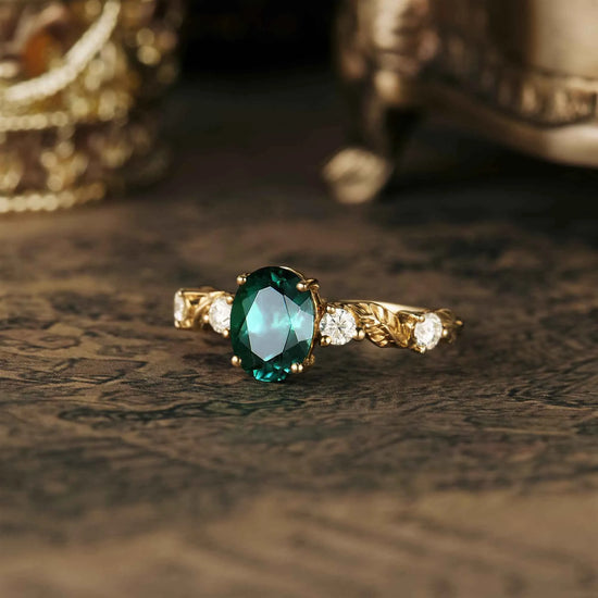 Oval Emerald Leaf  Engraved Engagement Ring