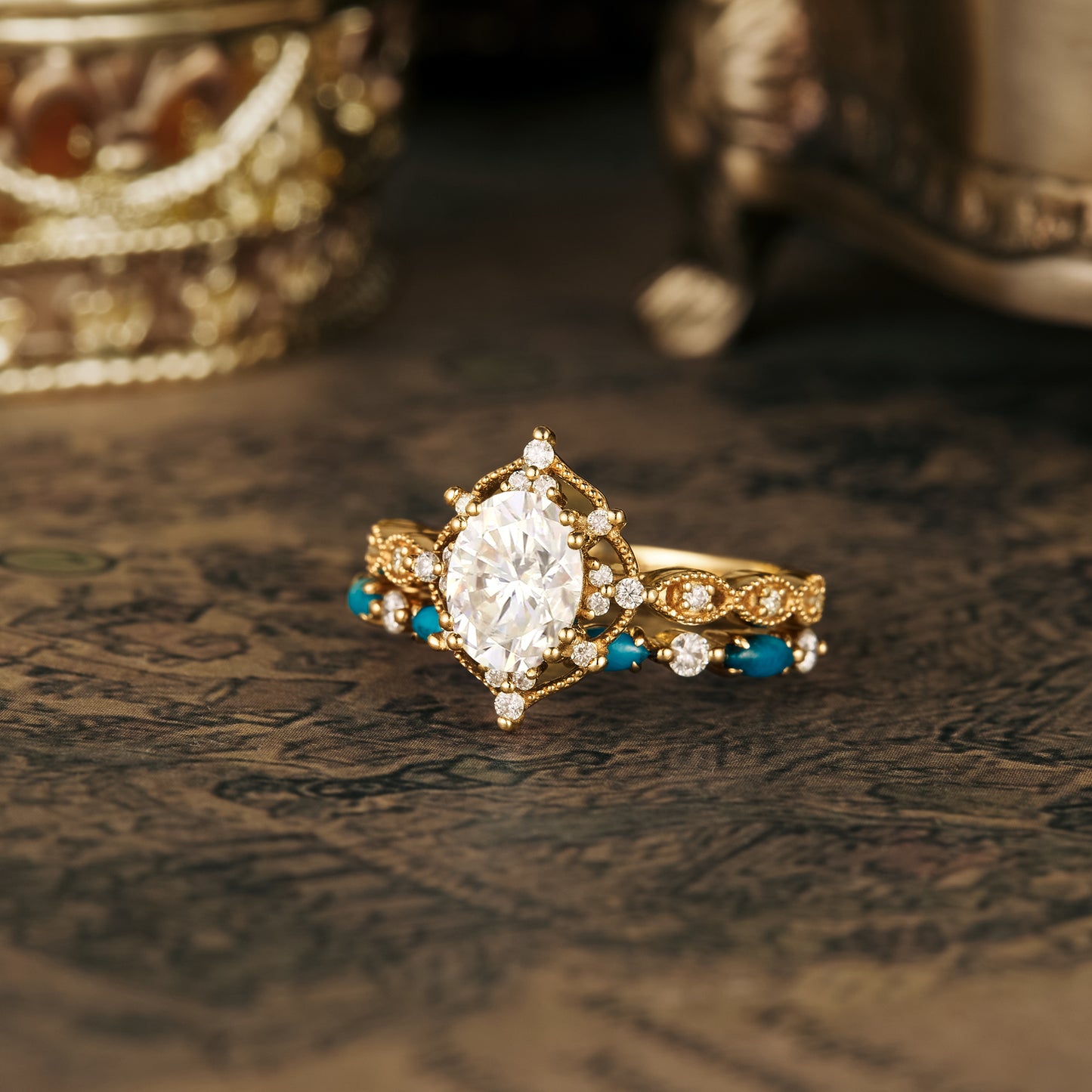 Bohemian oval moissanite ring with turquoise accents in gold setting