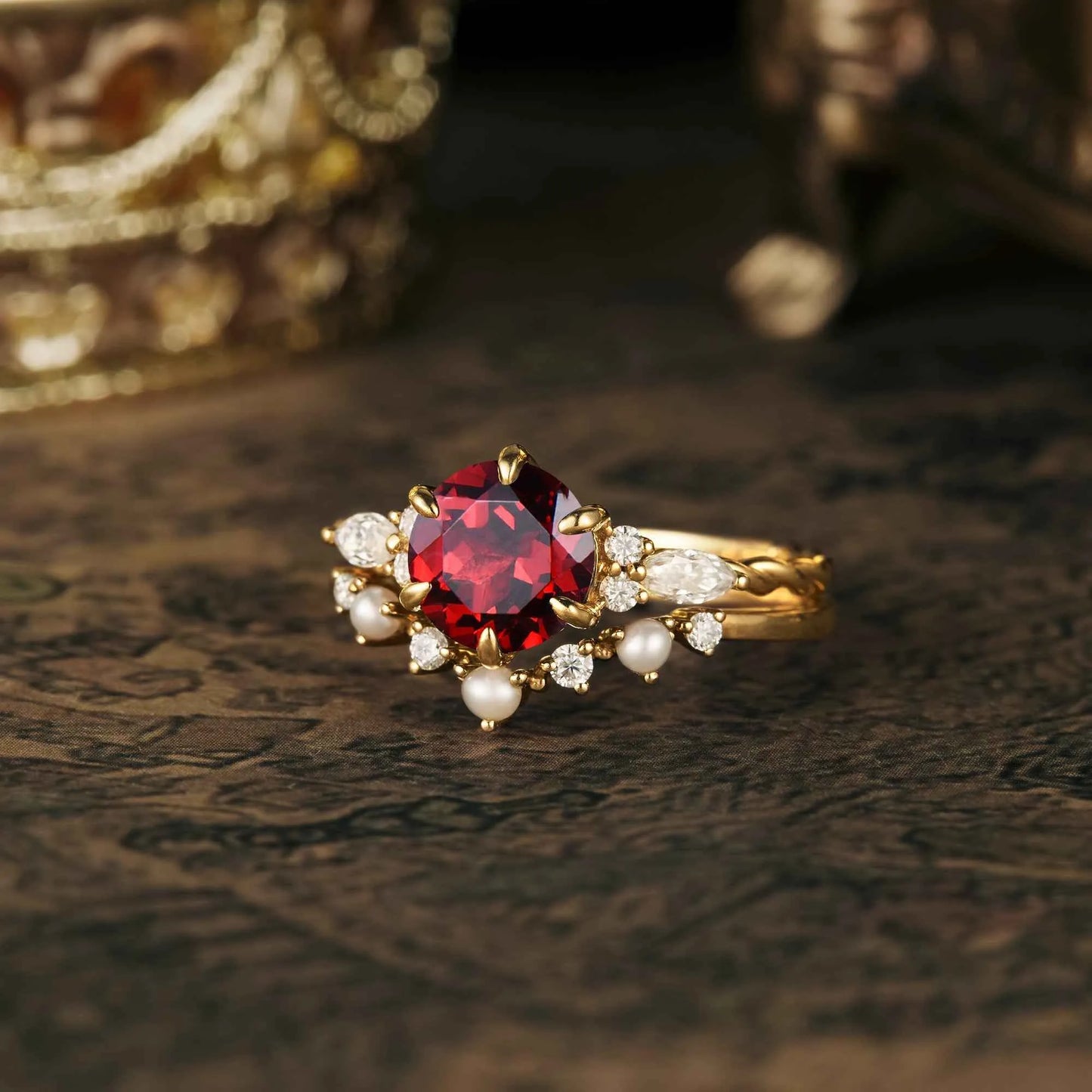 Fantasy Ruby Engagement Ring Set