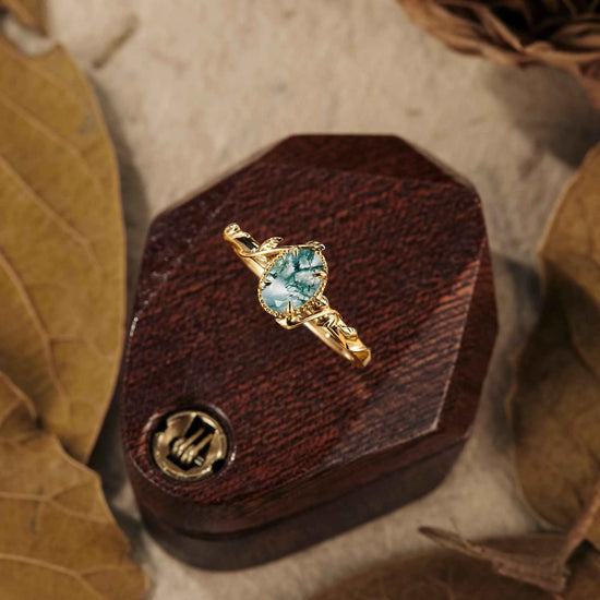 Oval Moss Agate Leaf Engagement Ring