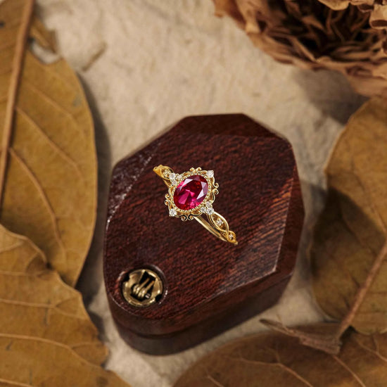 Vintage Oval Lab Ruby Milgrain Engagement ring - GemsMagic