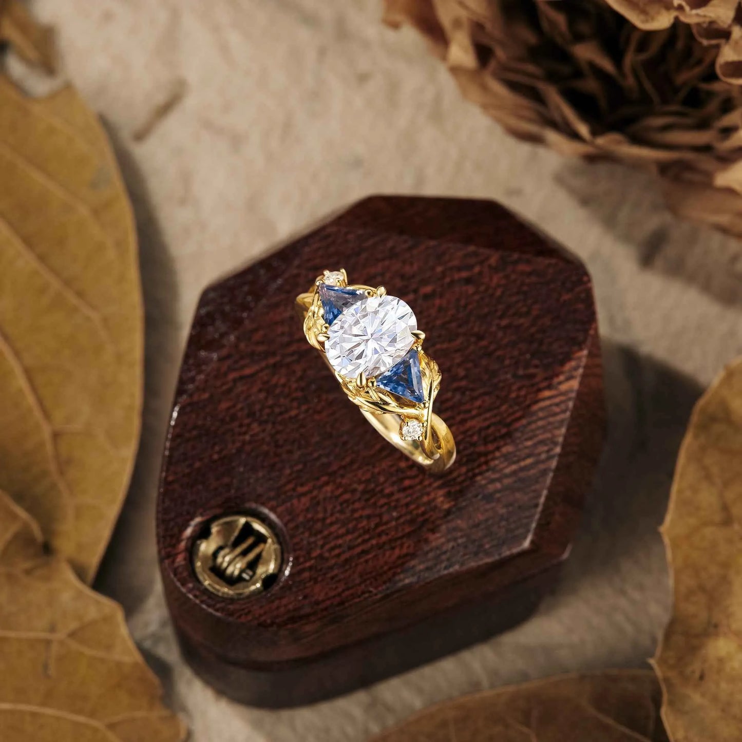 Oval Moissanite &Sapphire Cluster Engagement Ring