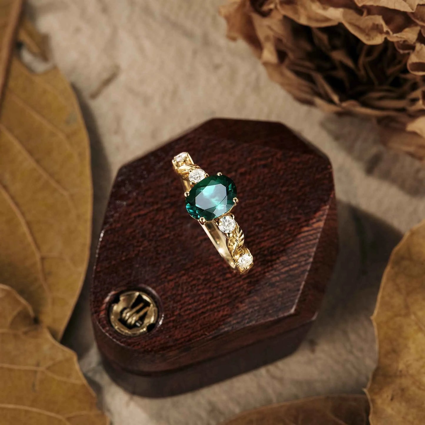 Oval Emerald Leaf  Engraved Engagement Ring