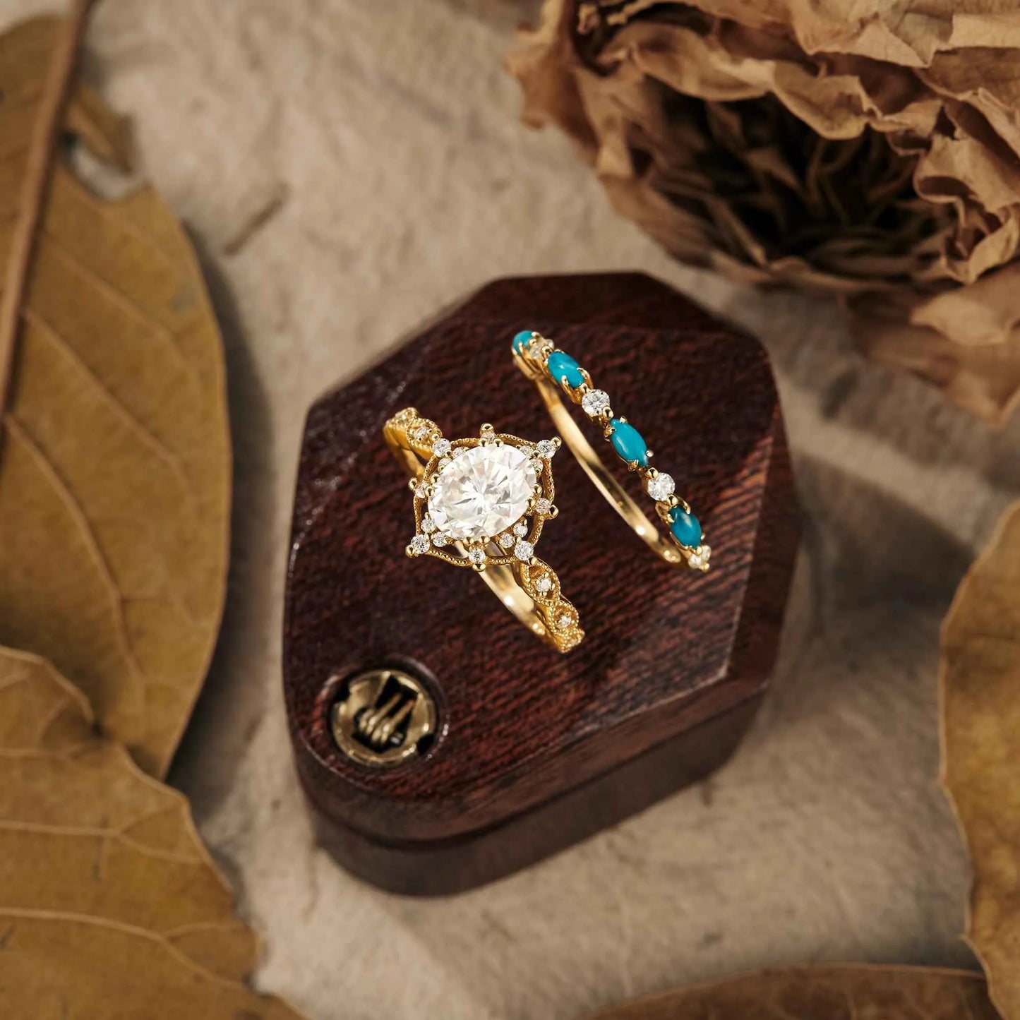 Boho Moissanite & Turquoise Engagement Ring Set 