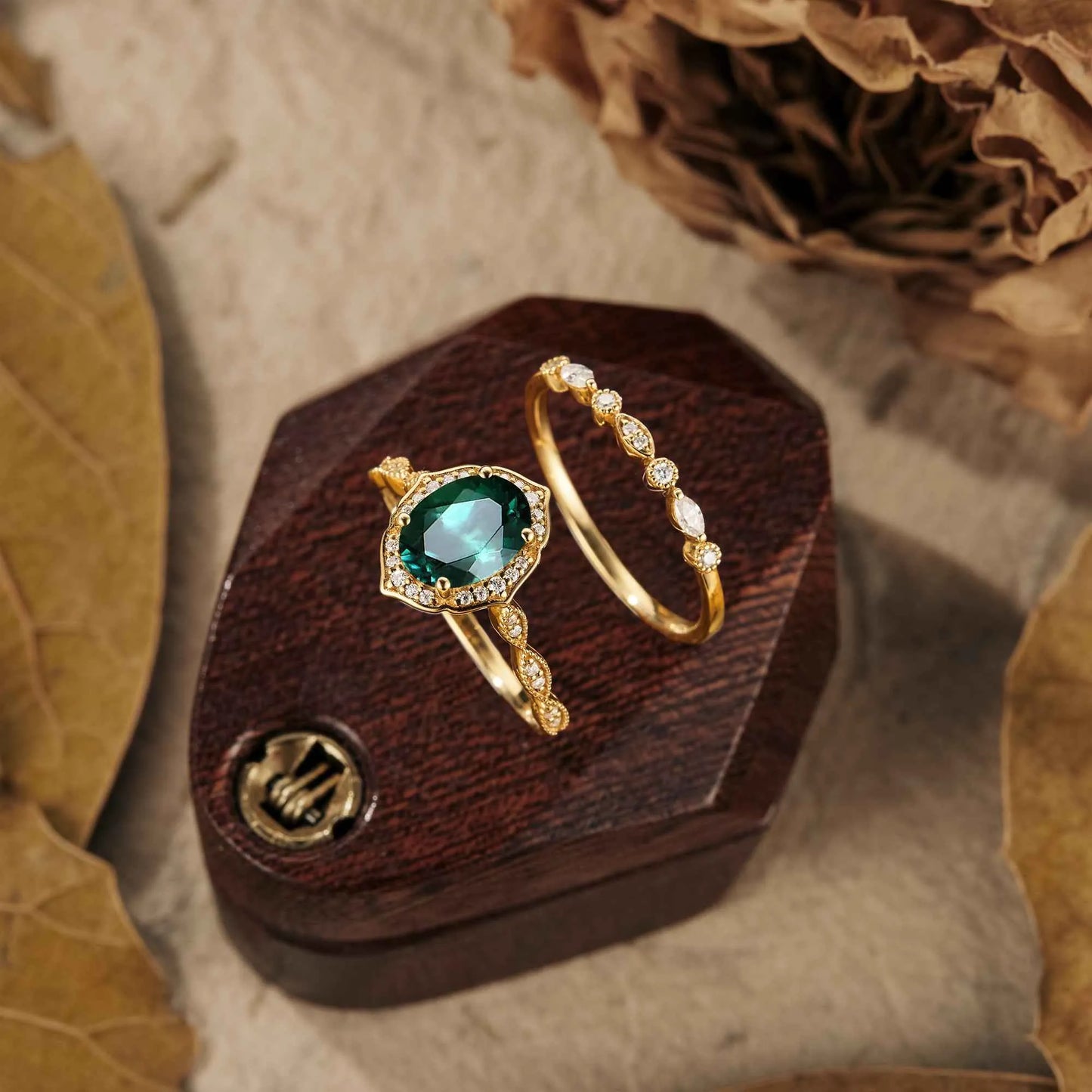 Vintage Emerald Halo Ring Set