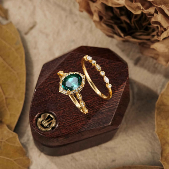 Vintage Emerald Halo Ring Set
