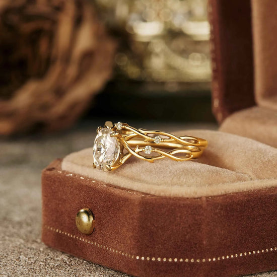 Oval Moissanite Cluster Floral Engagement Ring Set