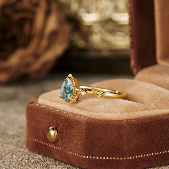 Pear Moss Agate Leaf Engagement Ring