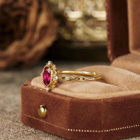 Vintage Oval Lab Ruby Milgrain Engagement ring - GemsMagic