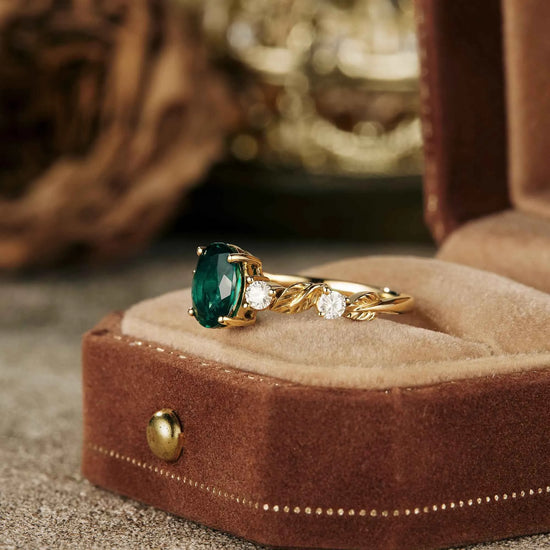 Oval Emerald Leaf  Engraved Engagement Ring