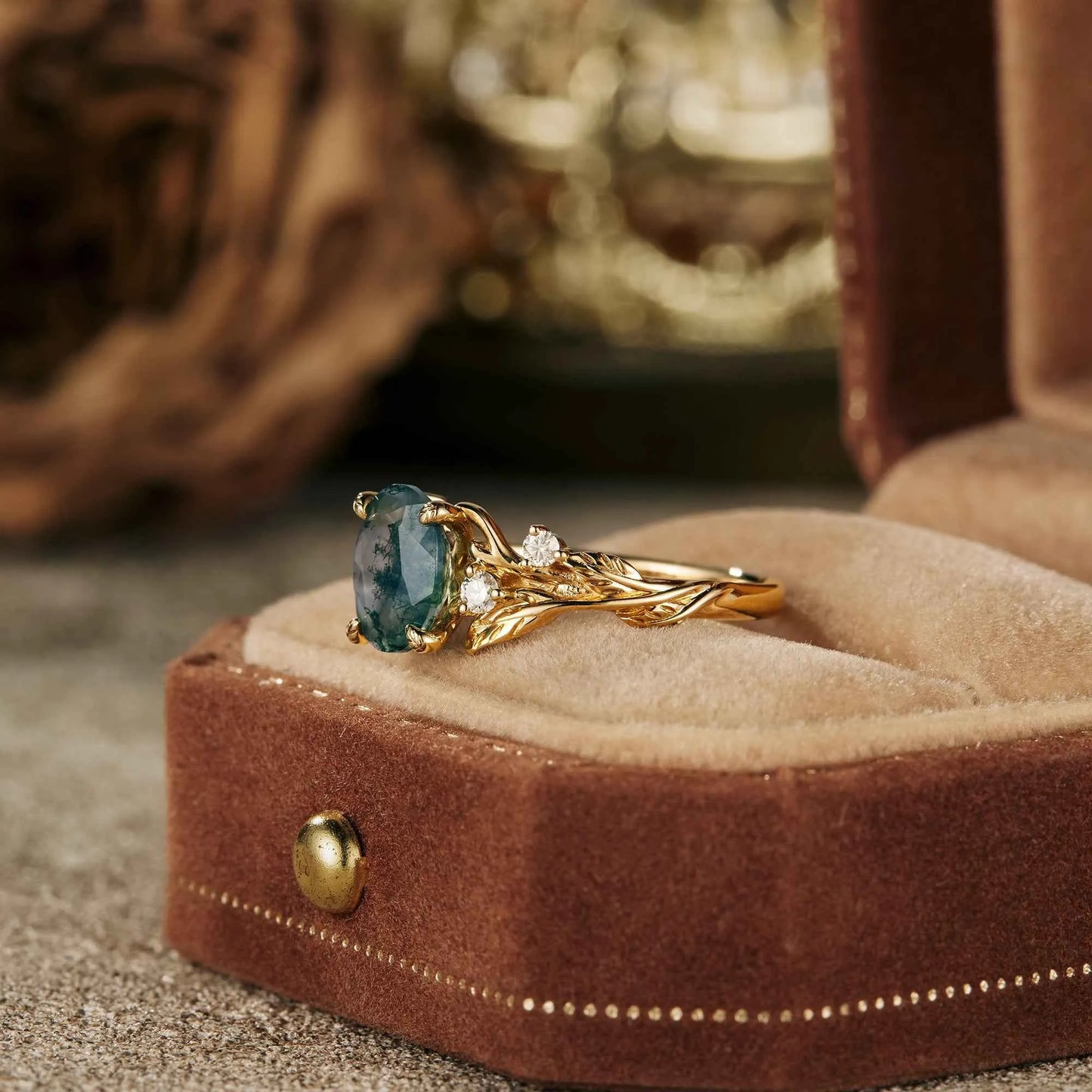 Moss Agate Leaf Floral Engagement Ring