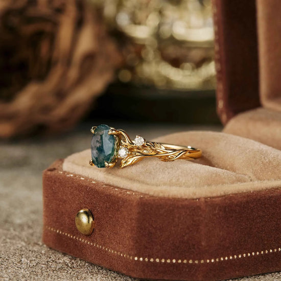 Moss Agate Leaf Floral Engagement Ring