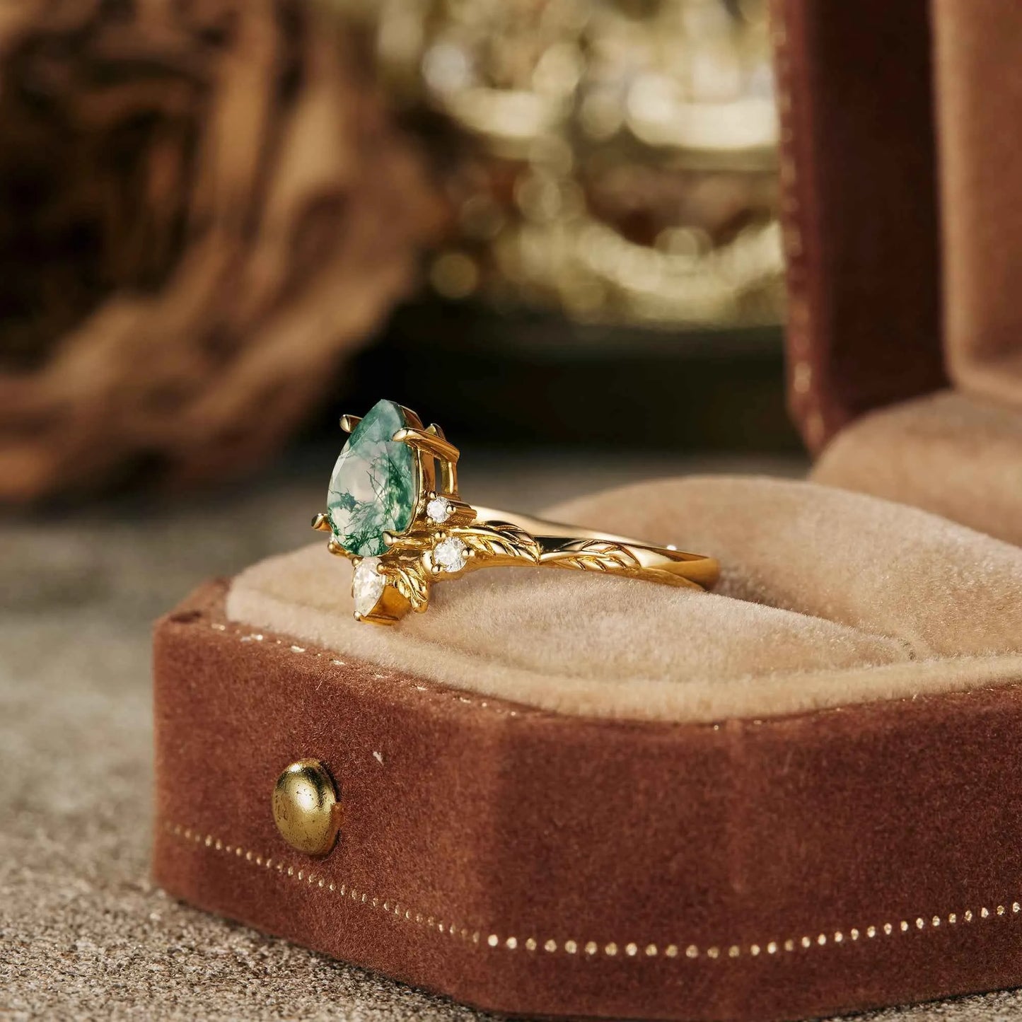 Pear Moss Agate Leaf Engagement Ring