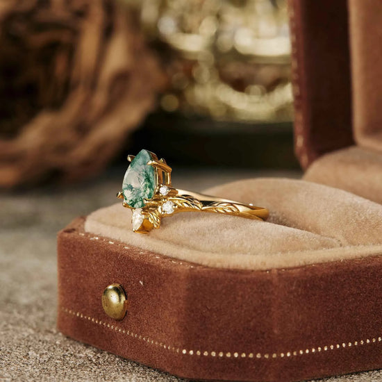 Pear Moss Agate Leaf Engagement Ring