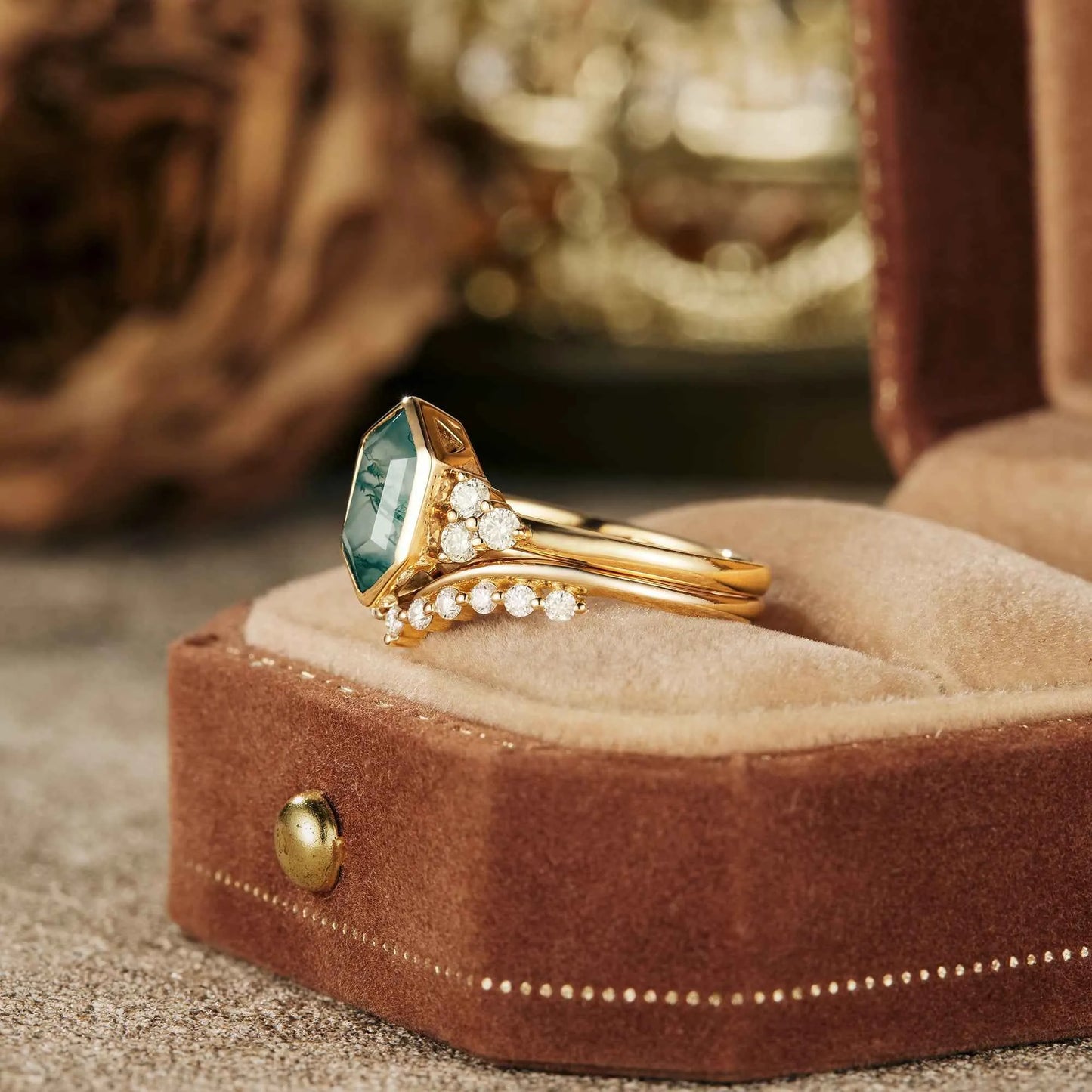 Vintage Moss Agate Engagement Ring Set