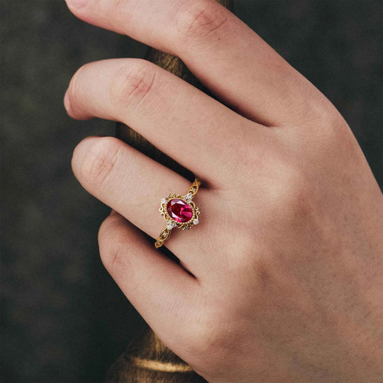Vintage Oval Lab Ruby Milgrain Engagement ring - GemsMagic