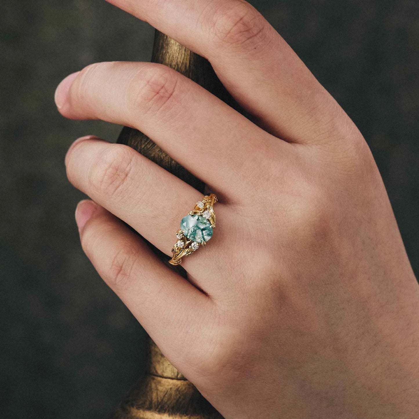 Moss Agate Leaf Floral Engagement Ring
