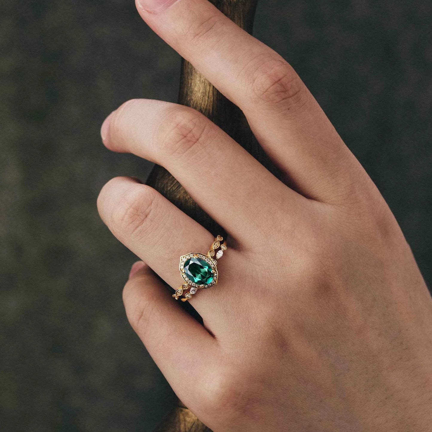 Vintage Emerald Halo Ring Set