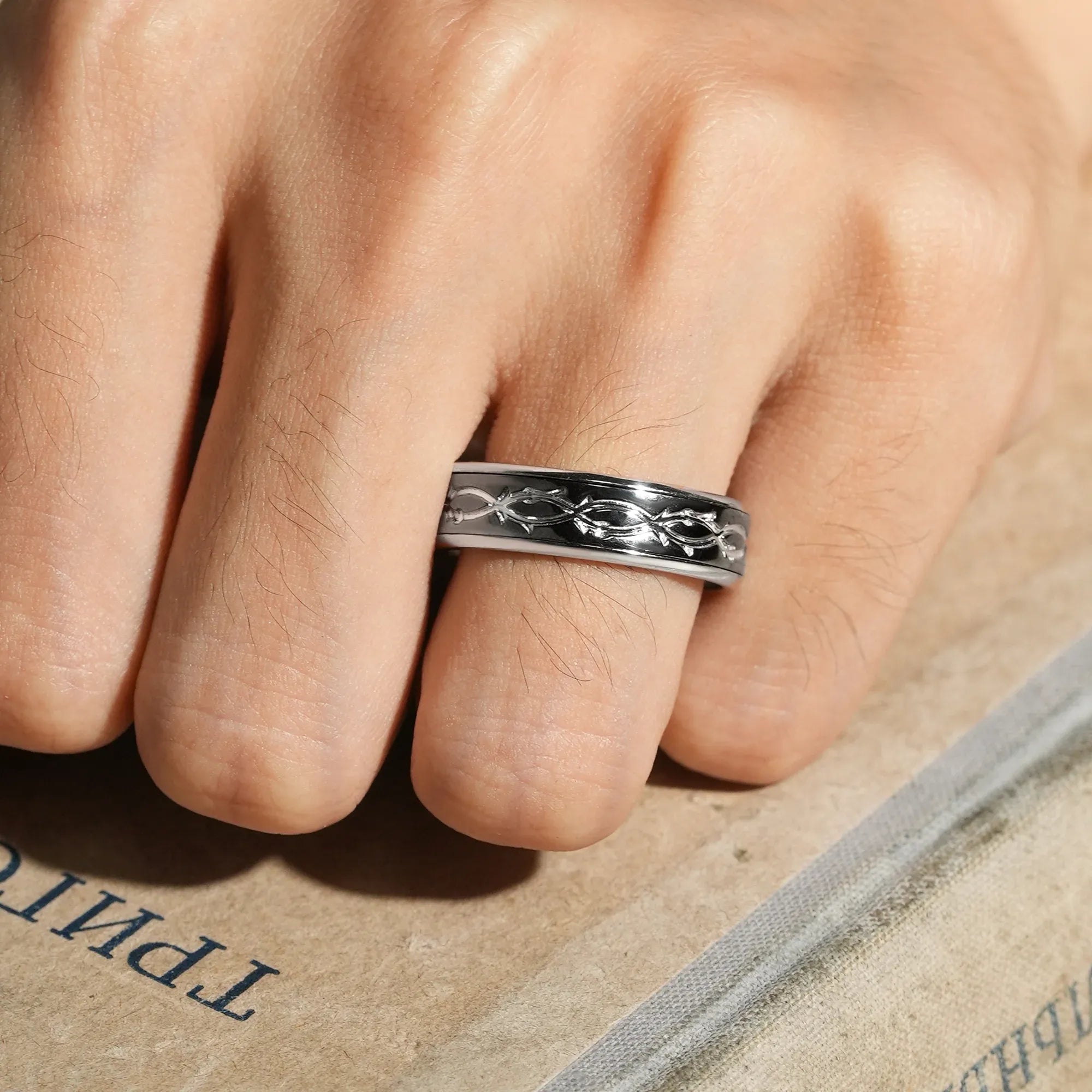 White Gold Plated Black Gold Cross Branches Men’s Band - Elian - GemsMagic