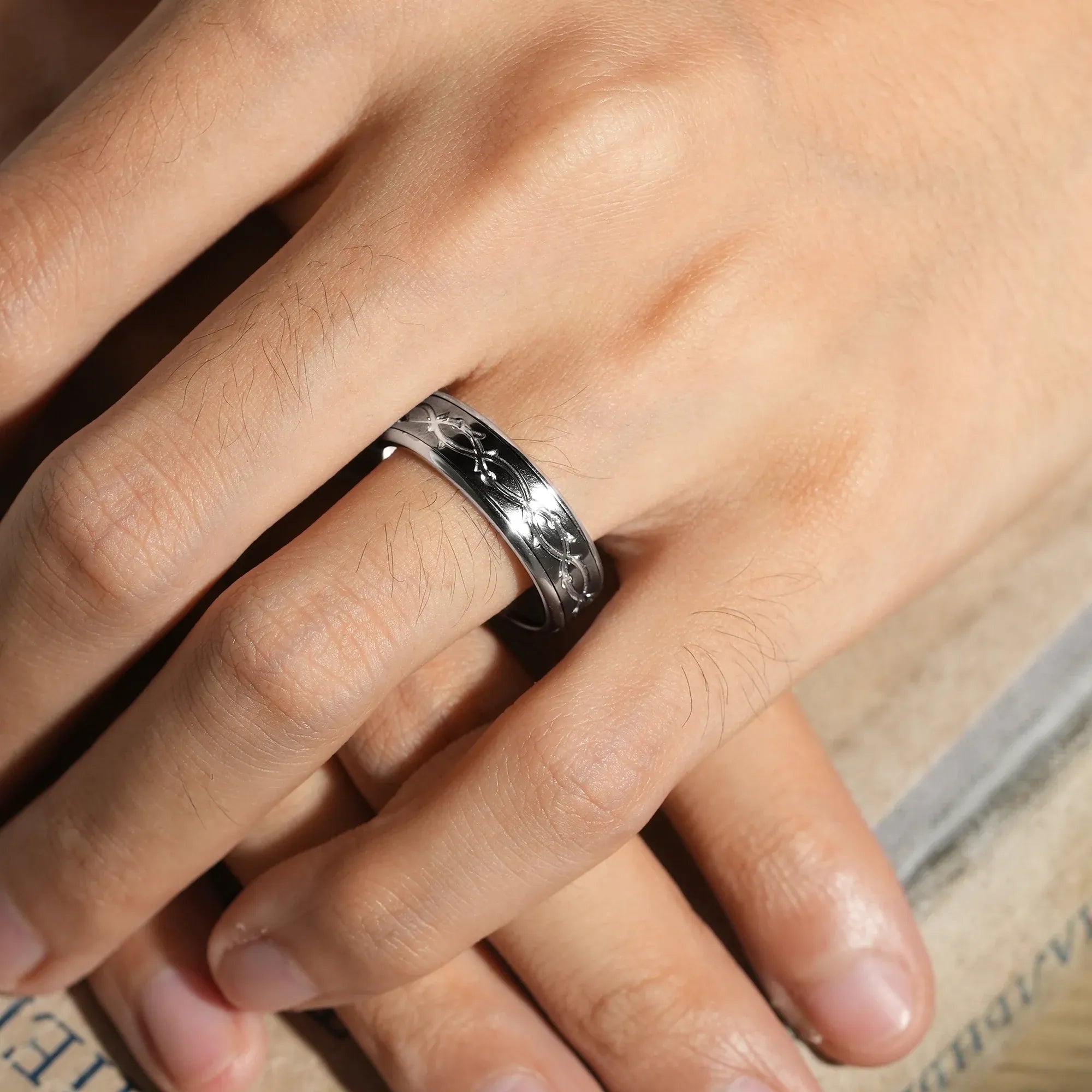 White Gold Plated Black Gold Cross Branches Men’s Band - Elian - GemsMagic