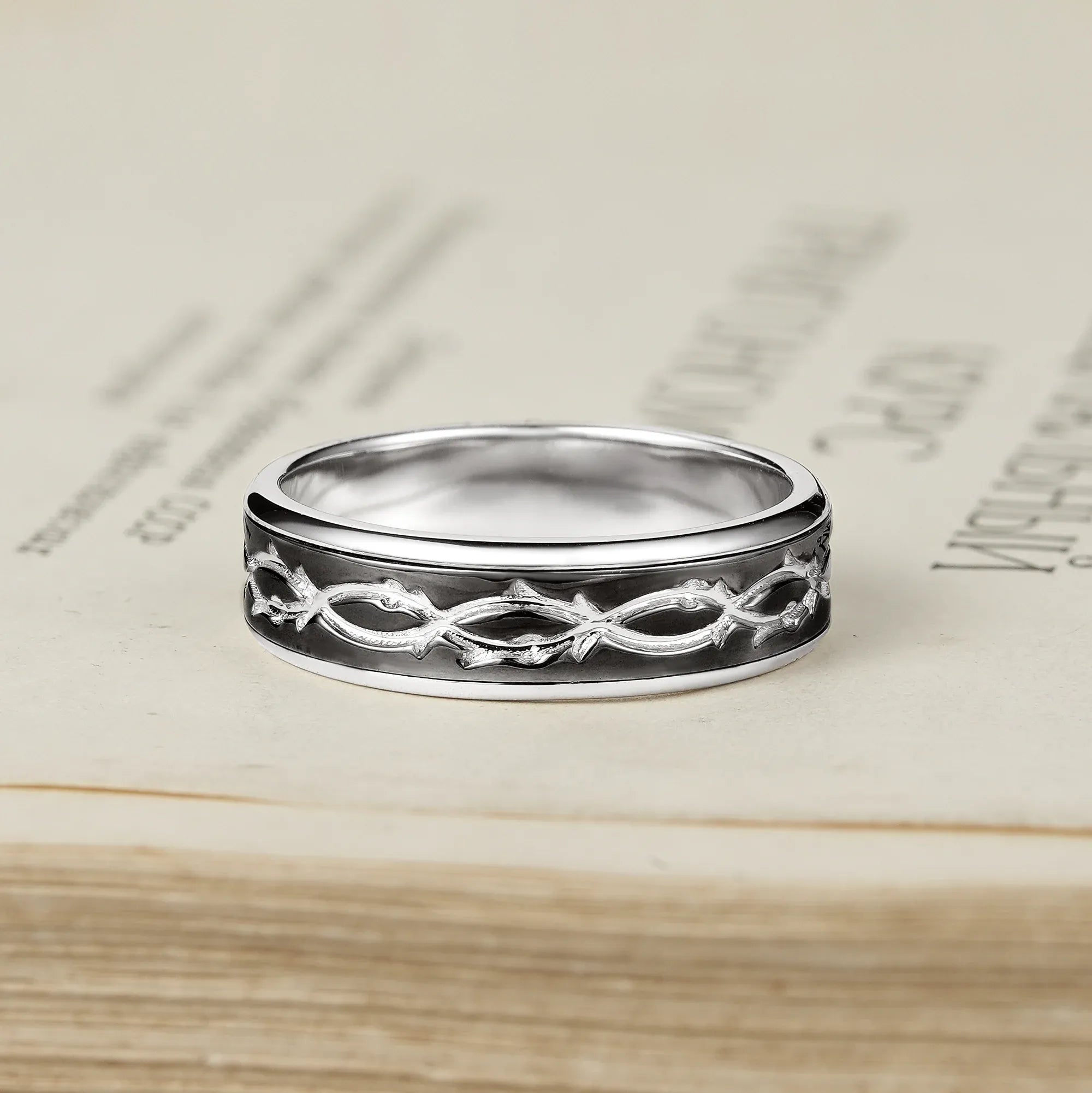 White Gold Plated Black Gold Cross Branches Men’s Band - Elian - GemsMagic